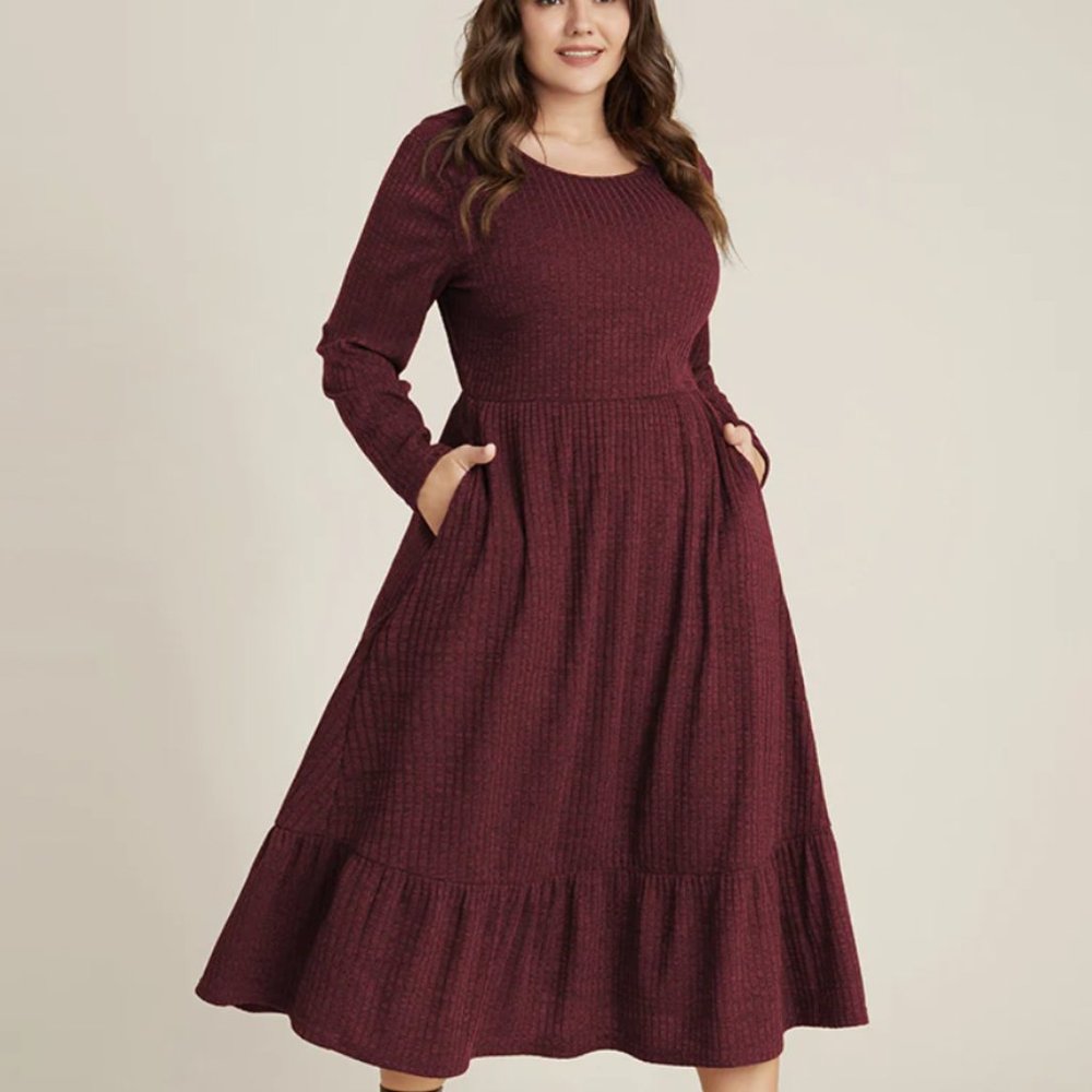 Solid Pocket Rib Knit Ruffle Hem Dress